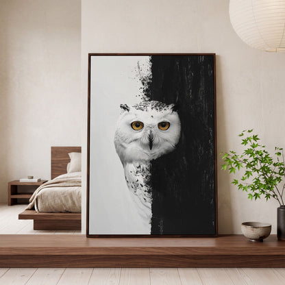 Snowy Owl Canvas with Amber Eyes in dark walnut floating frame
