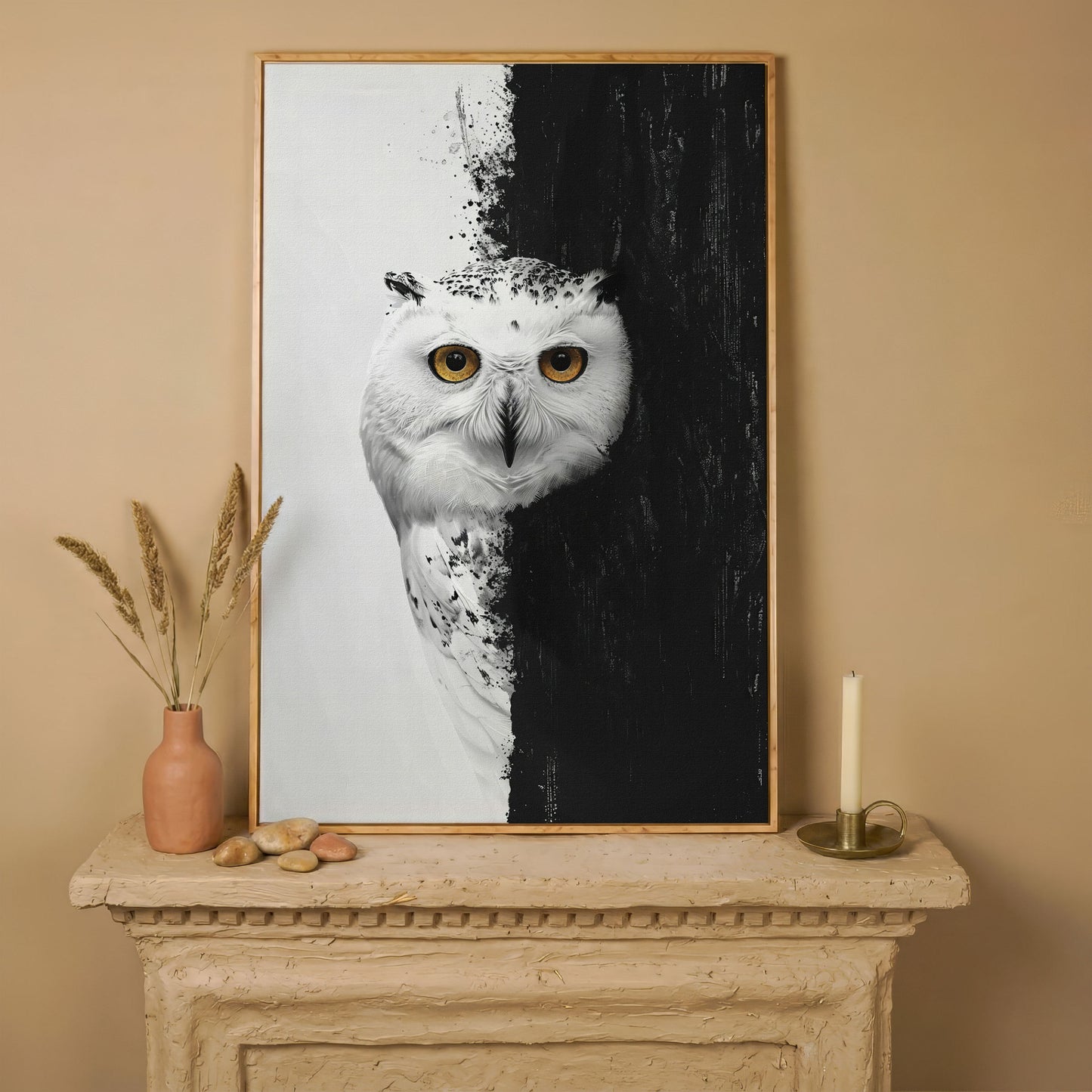Snowy Owl Canvas with Amber Eyes in white oak floating frame
