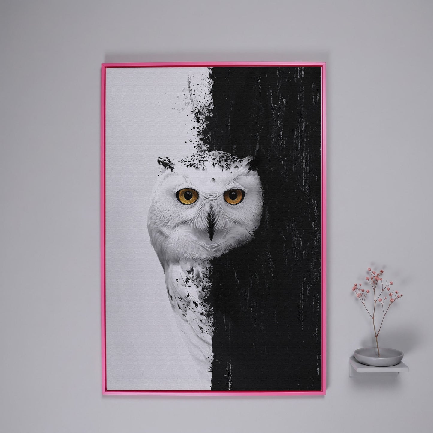 Snowy Owl Canvas with Amber Eyes in pink floating frame
