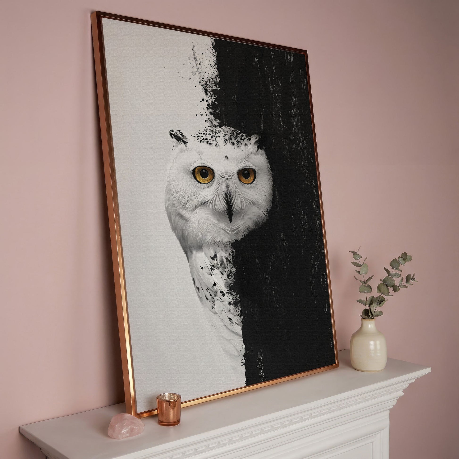 Snowy Owl Canvas with Amber Eyes in rose gold floating frame