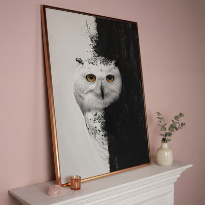 Snowy Owl Canvas with Amber Eyes in rose gold floating frame