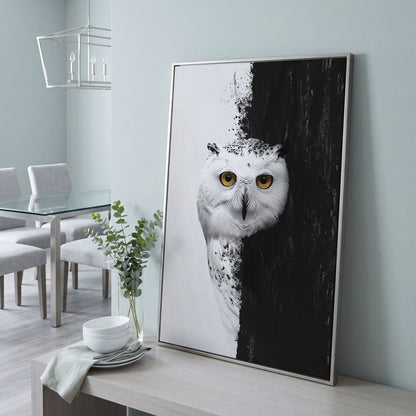 Snowy Owl Canvas with Amber Eyes in silver floating frame