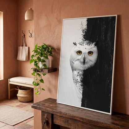 Snowy Owl Canvas with Amber Eyes in white floating frame