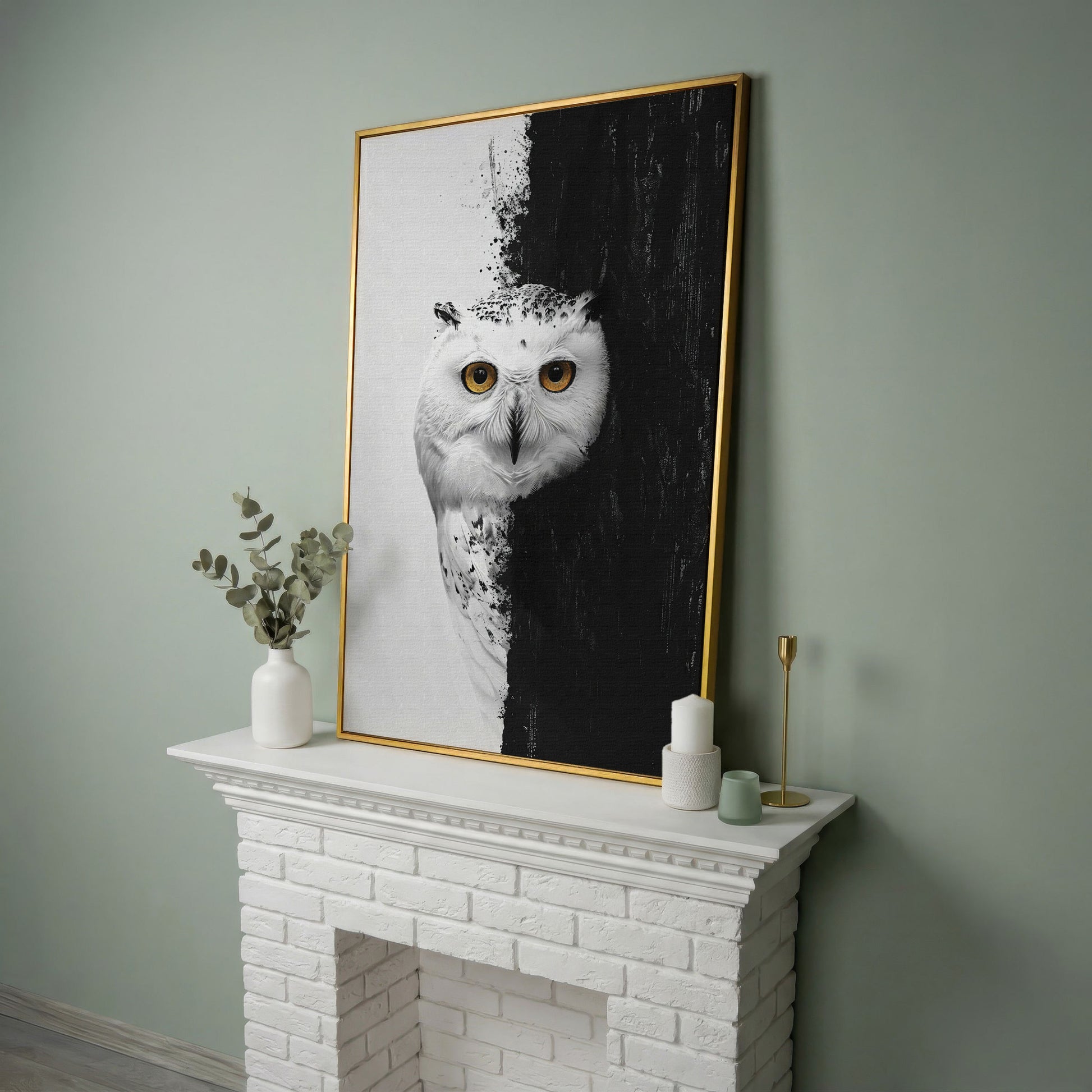Snowy Owl Canvas with Amber Eyes in yellow gold floating frame