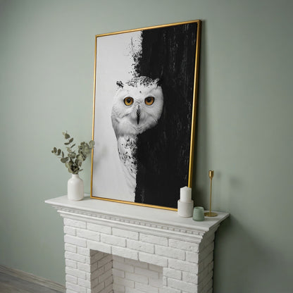 Snowy Owl Canvas with Amber Eyes in yellow gold floating frame