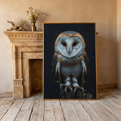 Barn Owl Portrait Canvas. Intense Gaze Wildlife Art in antique gold floating frame