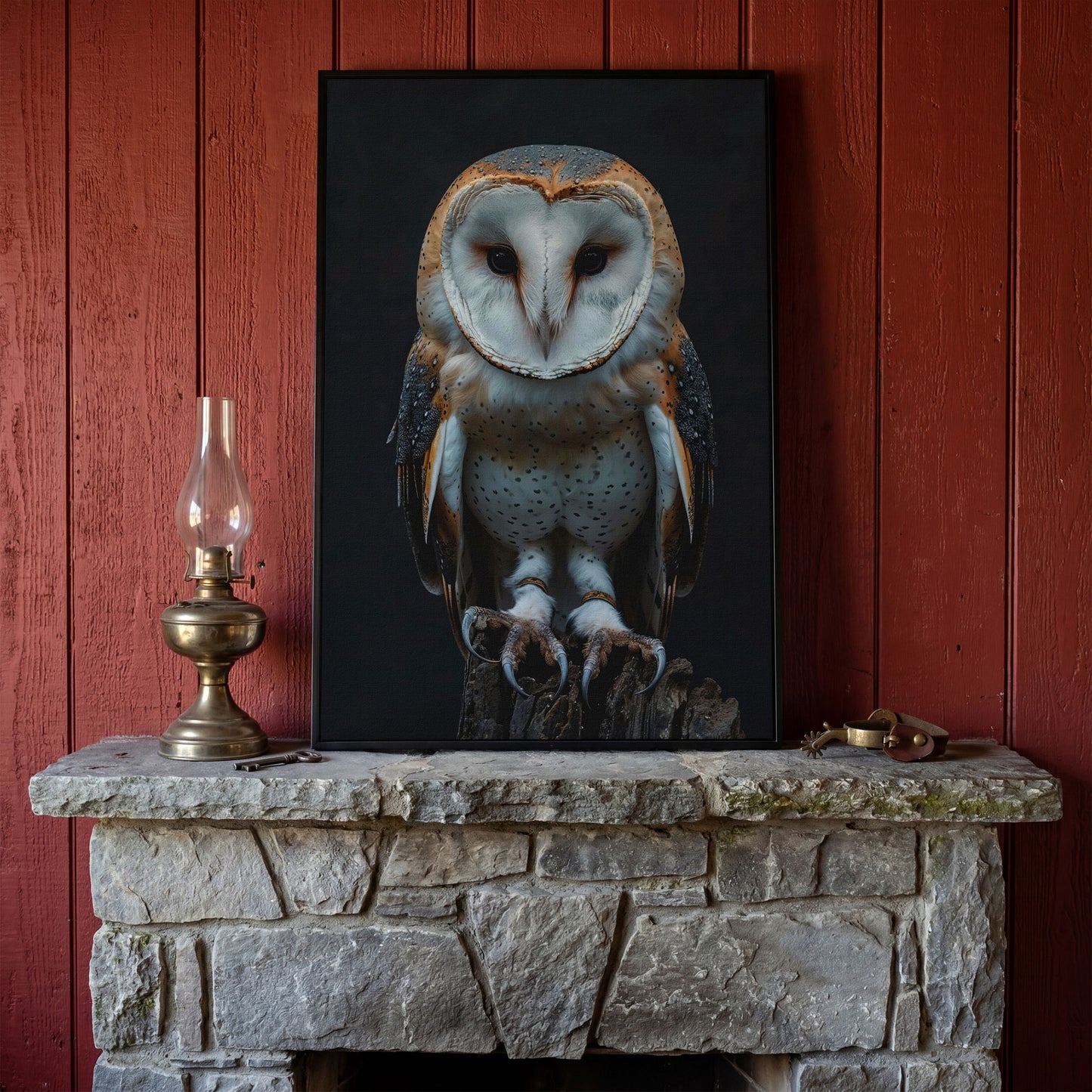 Barn Owl Portrait Canvas. Intense Gaze Wildlife Art in black floating frame