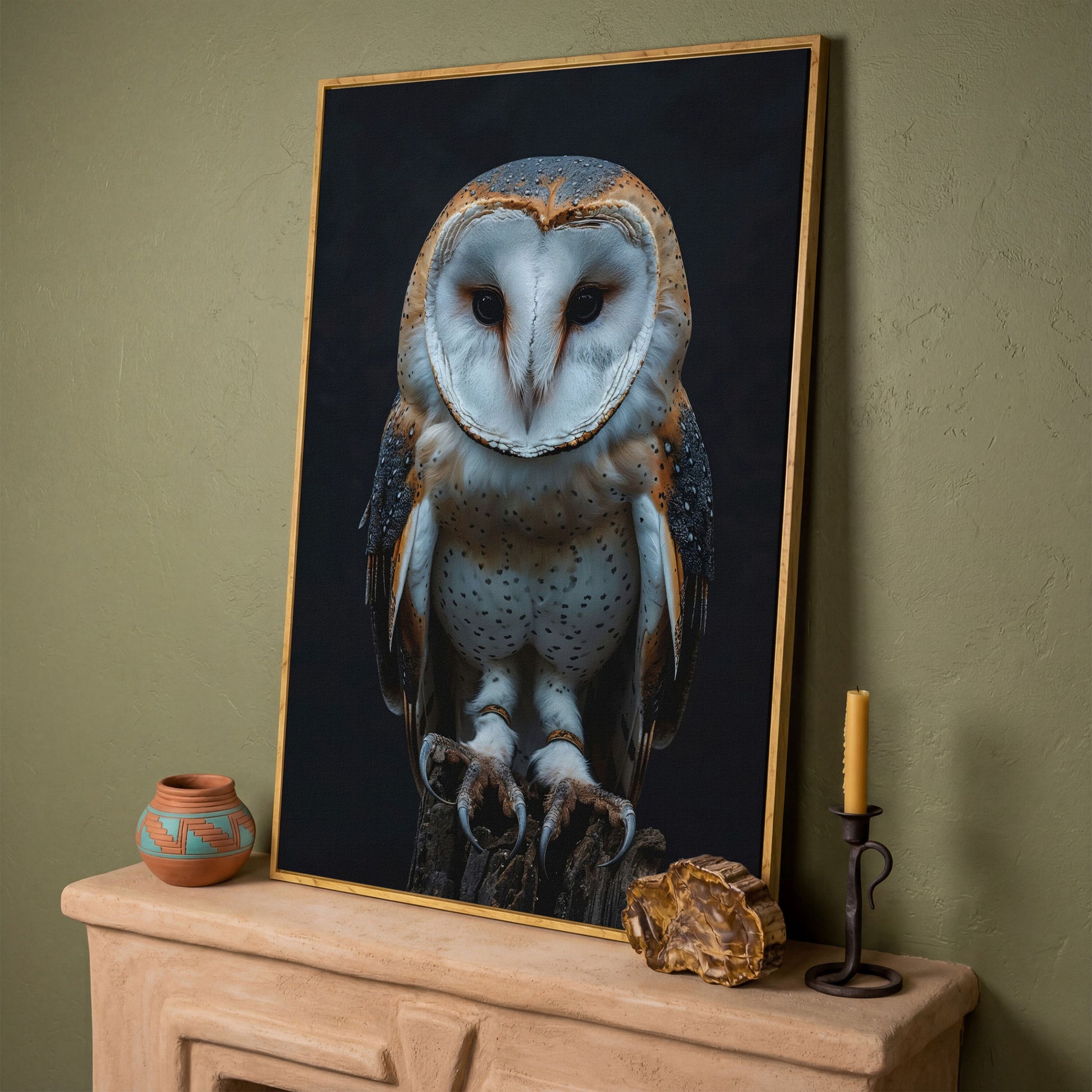 Barn Owl Portrait Canvas. Intense Gaze Wildlife Art in white oak floating frame