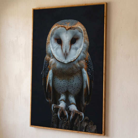 Barn Owl Portrait Canvas. Intense Gaze Wildlife Art shown in white oak floating frame