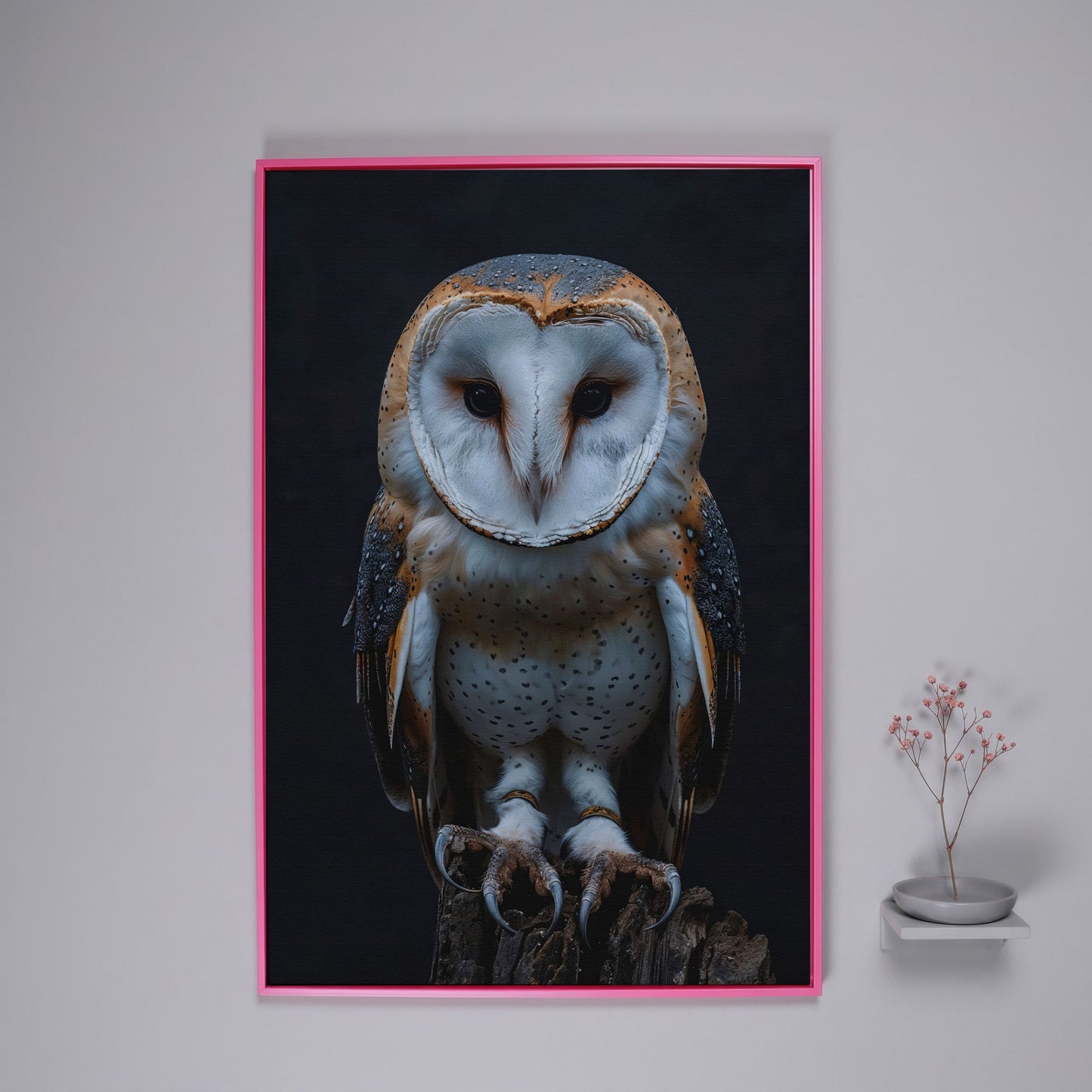 Barn Owl Portrait Canvas. Intense Gaze Wildlife Art in pink floating frame