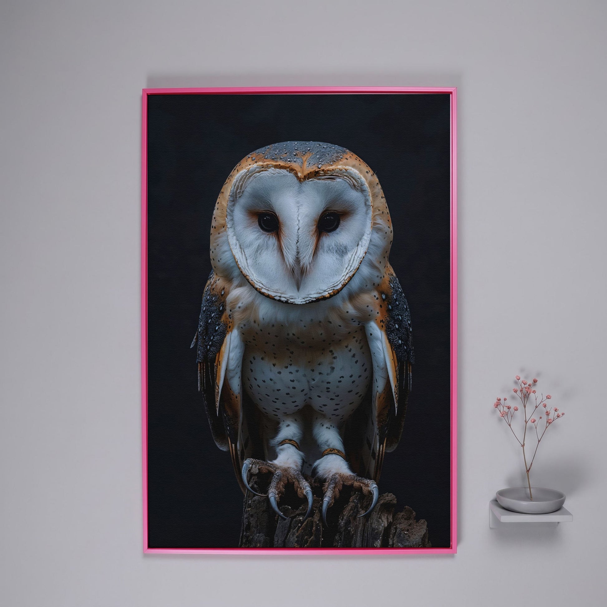 Barn Owl Portrait Canvas. Intense Gaze Wildlife Art in pink floating frame