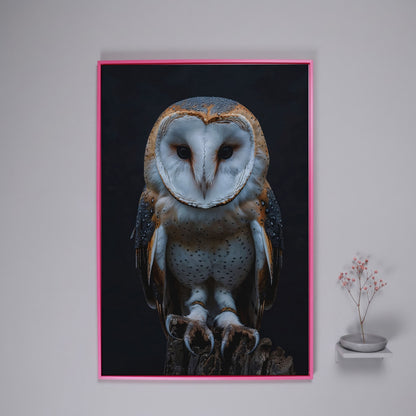 Barn Owl Portrait Canvas. Intense Gaze Wildlife Art in pink floating frame