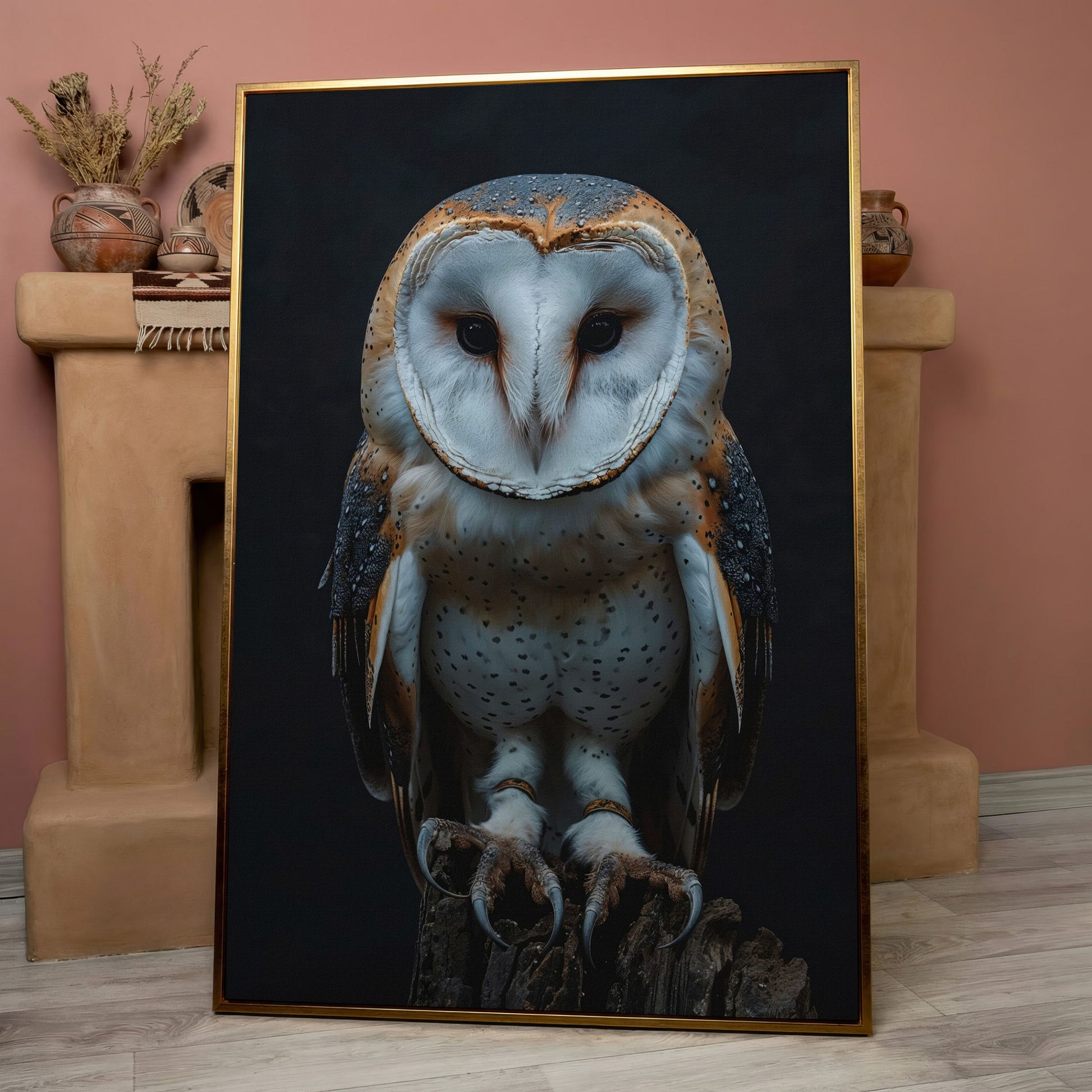 Barn Owl Portrait Canvas. Intense Gaze Wildlife Art in rose gold floating frame