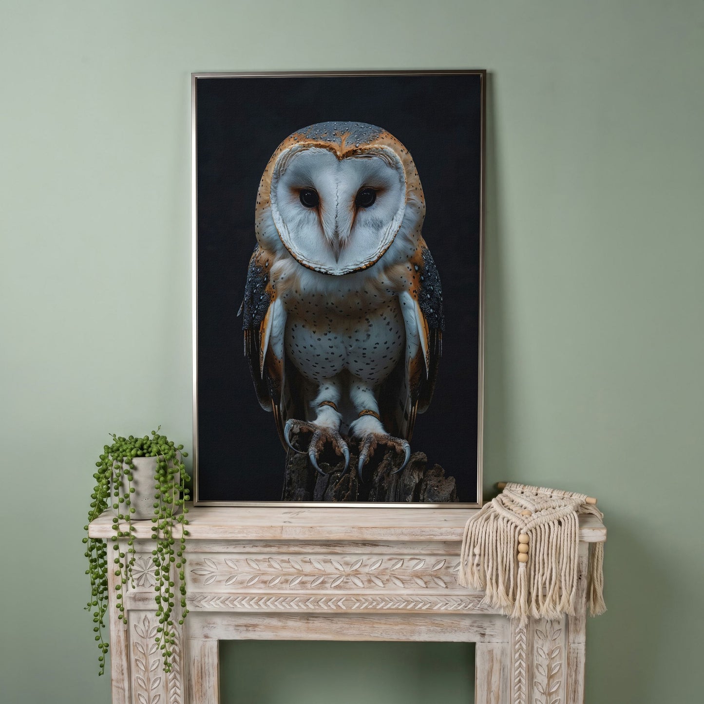 Barn Owl Portrait Canvas. Intense Gaze Wildlife Art in silver floating frame