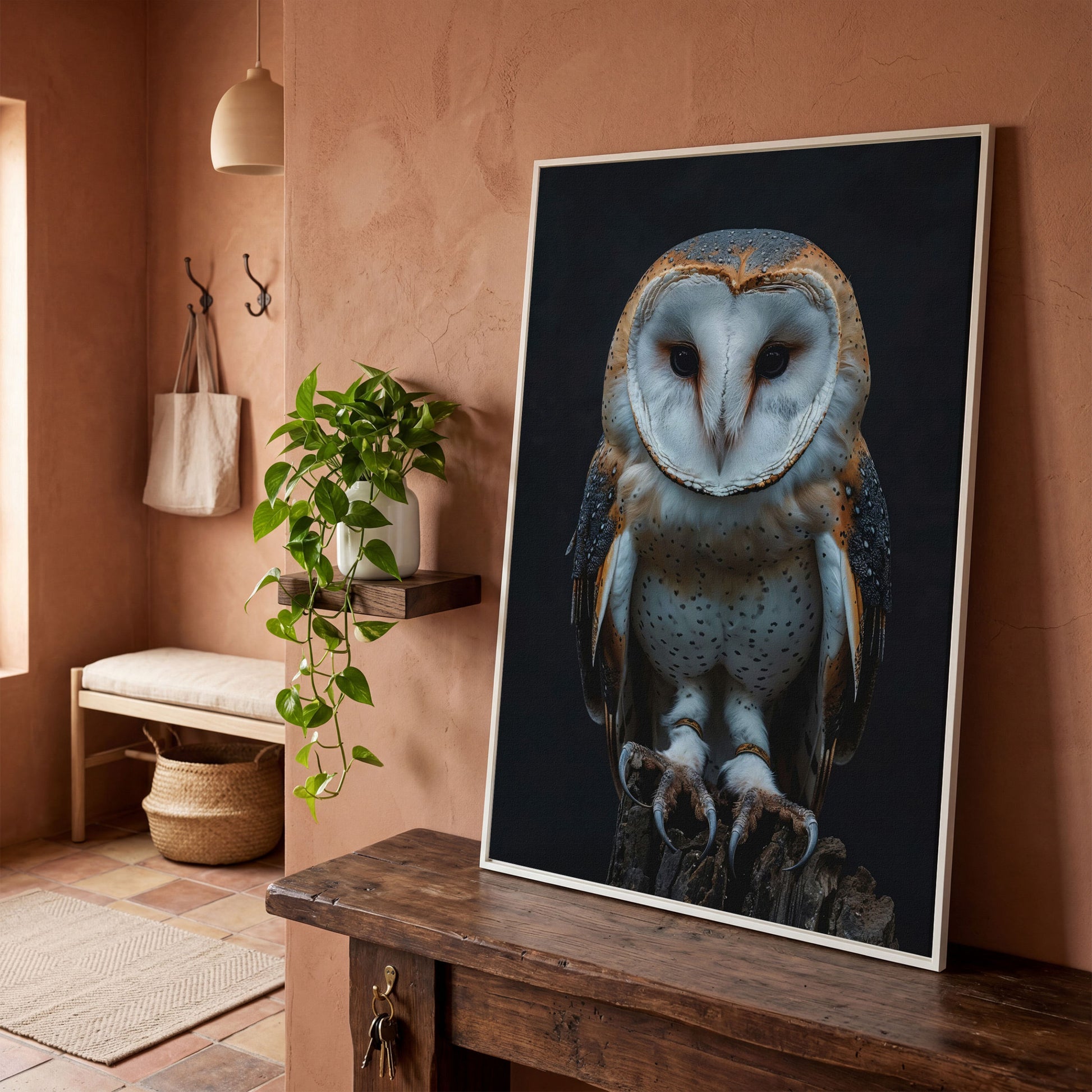 Barn Owl Portrait Canvas. Intense Gaze Wildlife Art in white floating frame