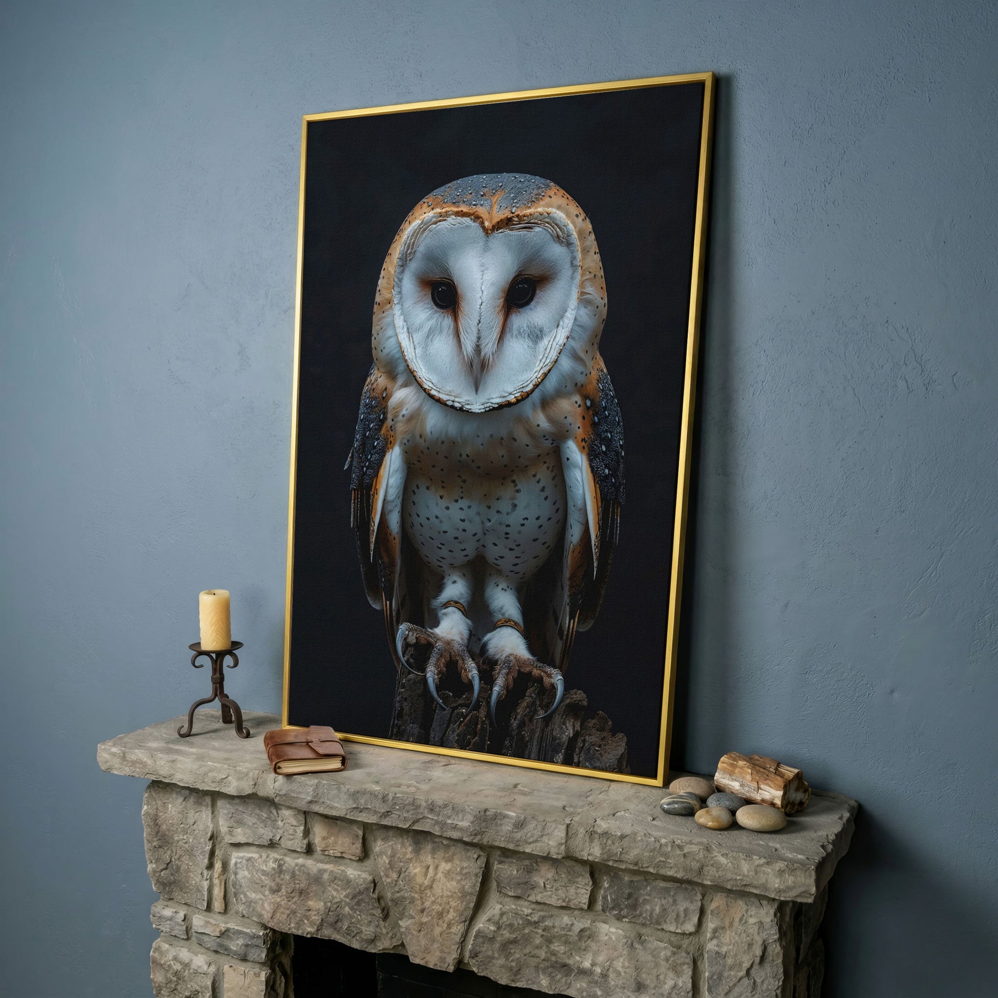 Barn Owl Portrait Canvas. Intense Gaze Wildlife Art in yellow gold floating frame