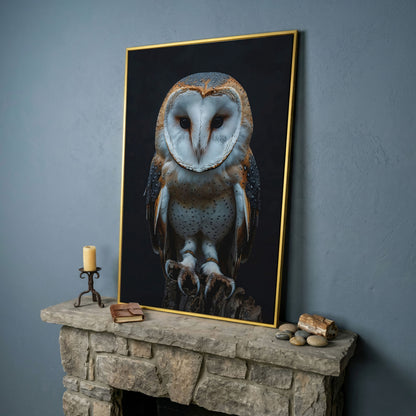 Barn Owl Portrait Canvas. Intense Gaze Wildlife Art in yellow gold floating frame