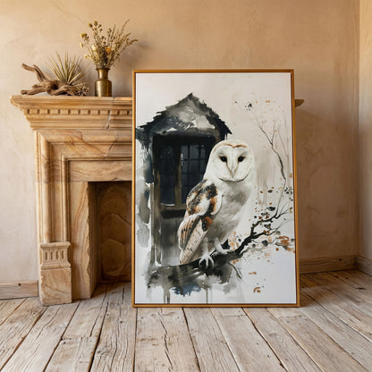 White Owl on Branch Canvas Print in antique gold floating frame