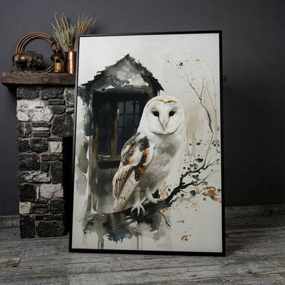 White Owl on Branch Canvas Print in black floating frame