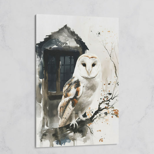 White Owl on Branch Canvas Print on gallery wrap