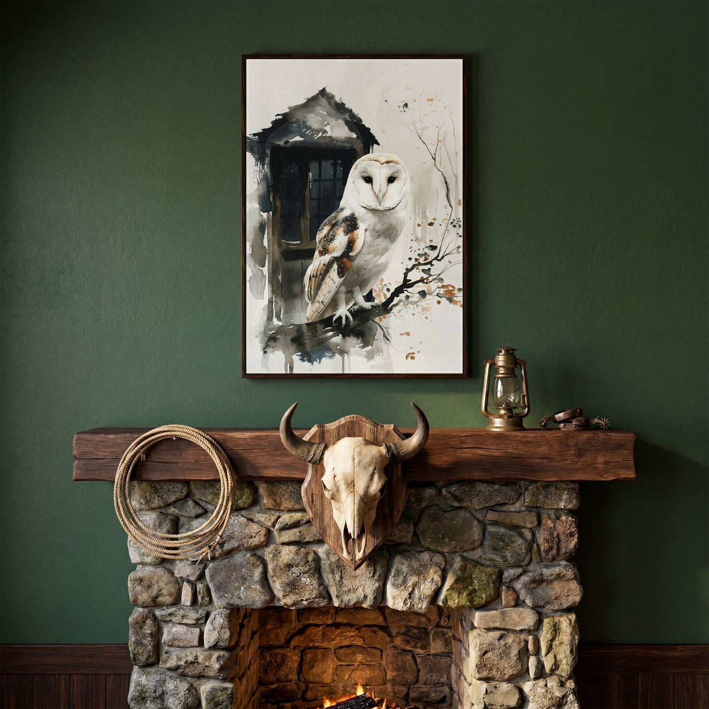 White Owl on Branch Canvas Print in dark walnut floating frame