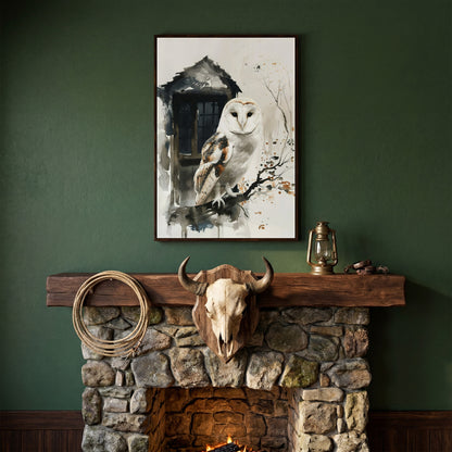 White Owl on Branch Canvas Print in dark walnut floating frame