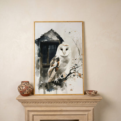 White Owl on Branch Canvas Print in white oak floating frame