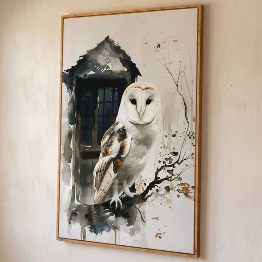 White Owl on Branch Canvas Print shown in white oak floating frame