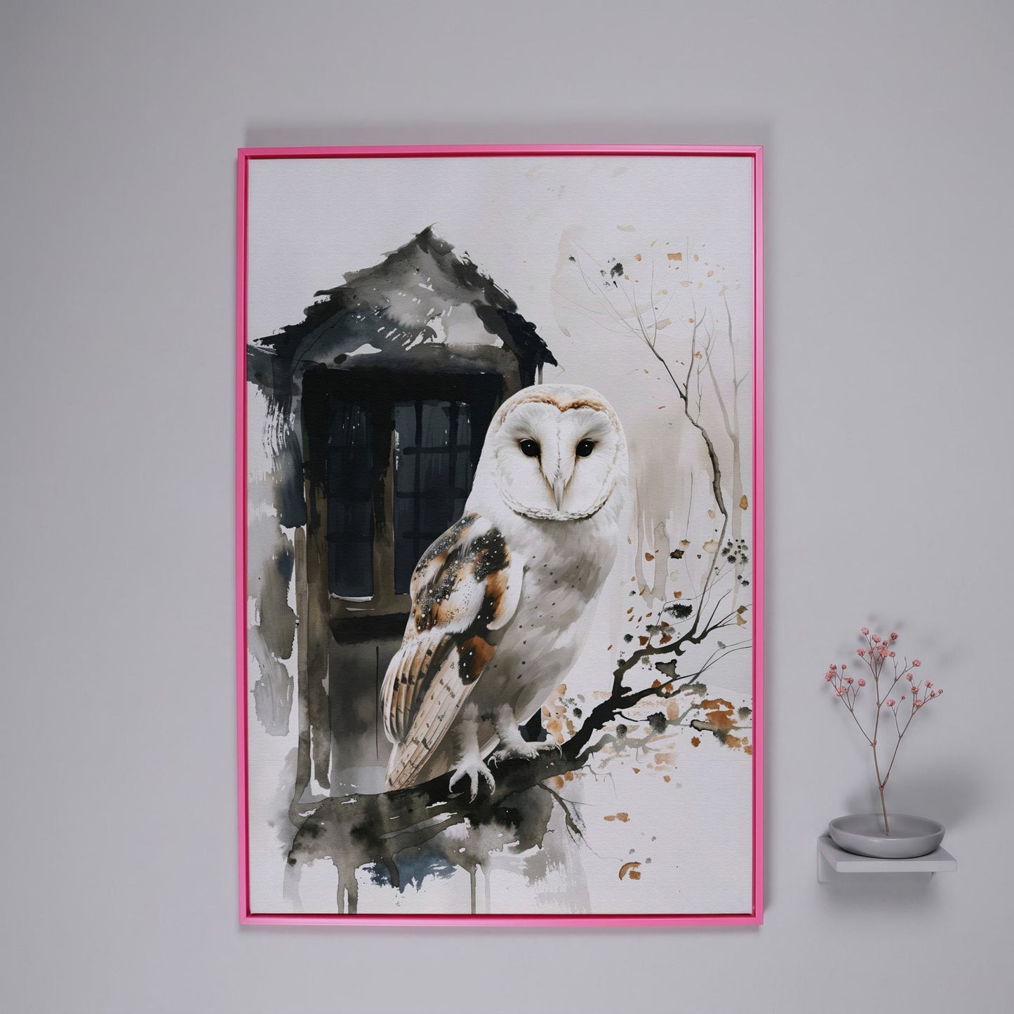 White Owl on Branch Canvas Print in pink floating frame