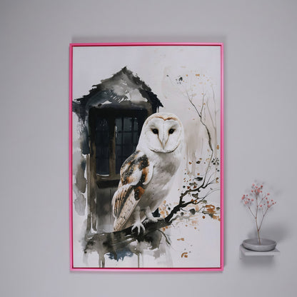 White Owl on Branch Canvas Print in pink floating frame