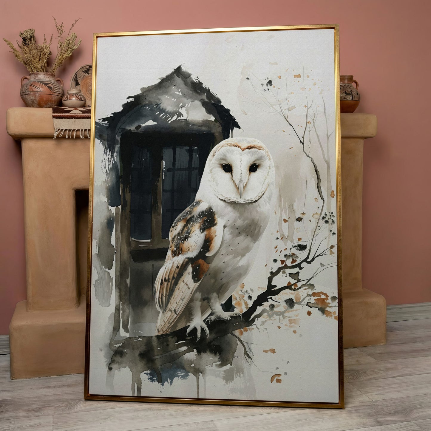 White Owl on Branch Canvas Print in rose gold floating frame