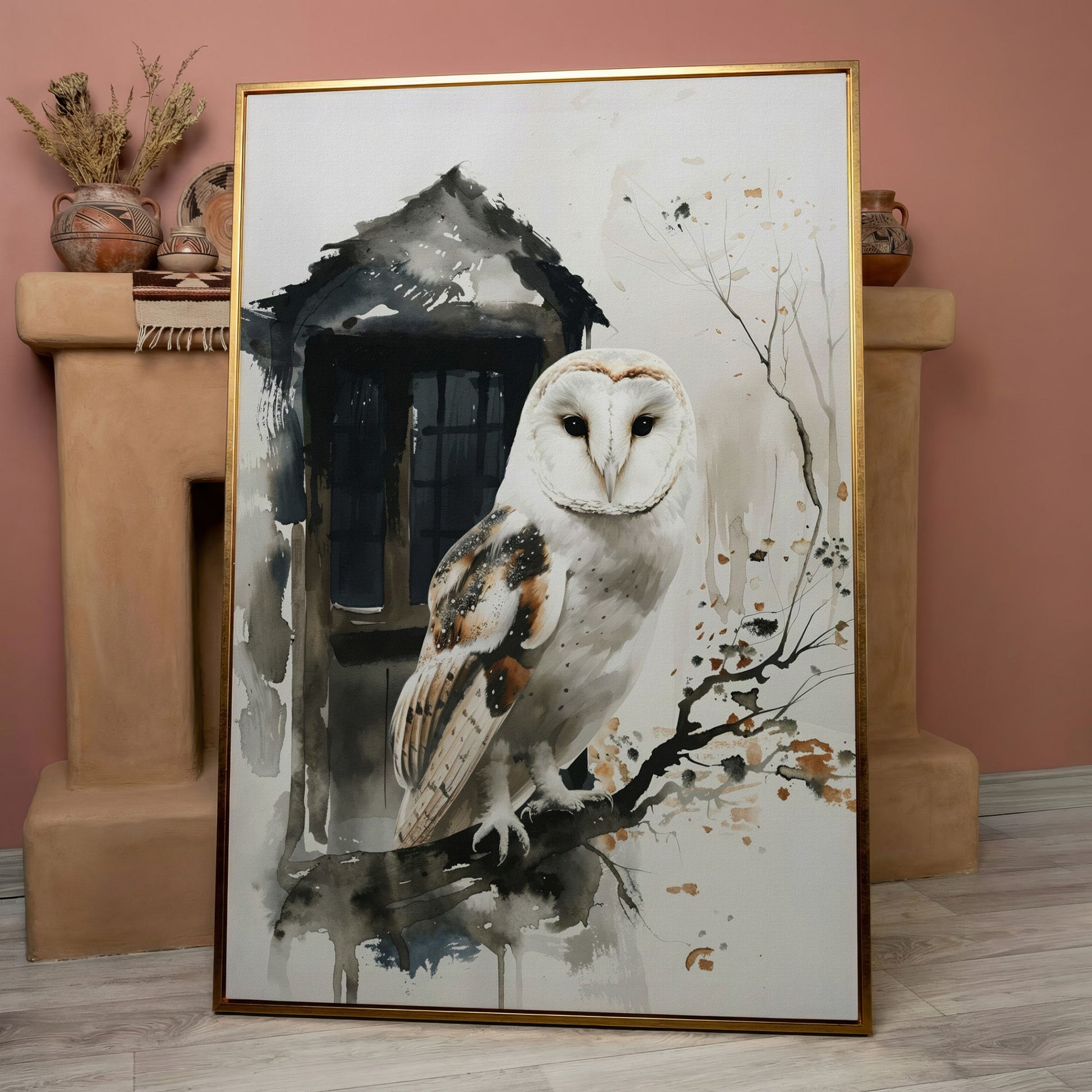White Owl on Branch Canvas Print in rose gold floating frame