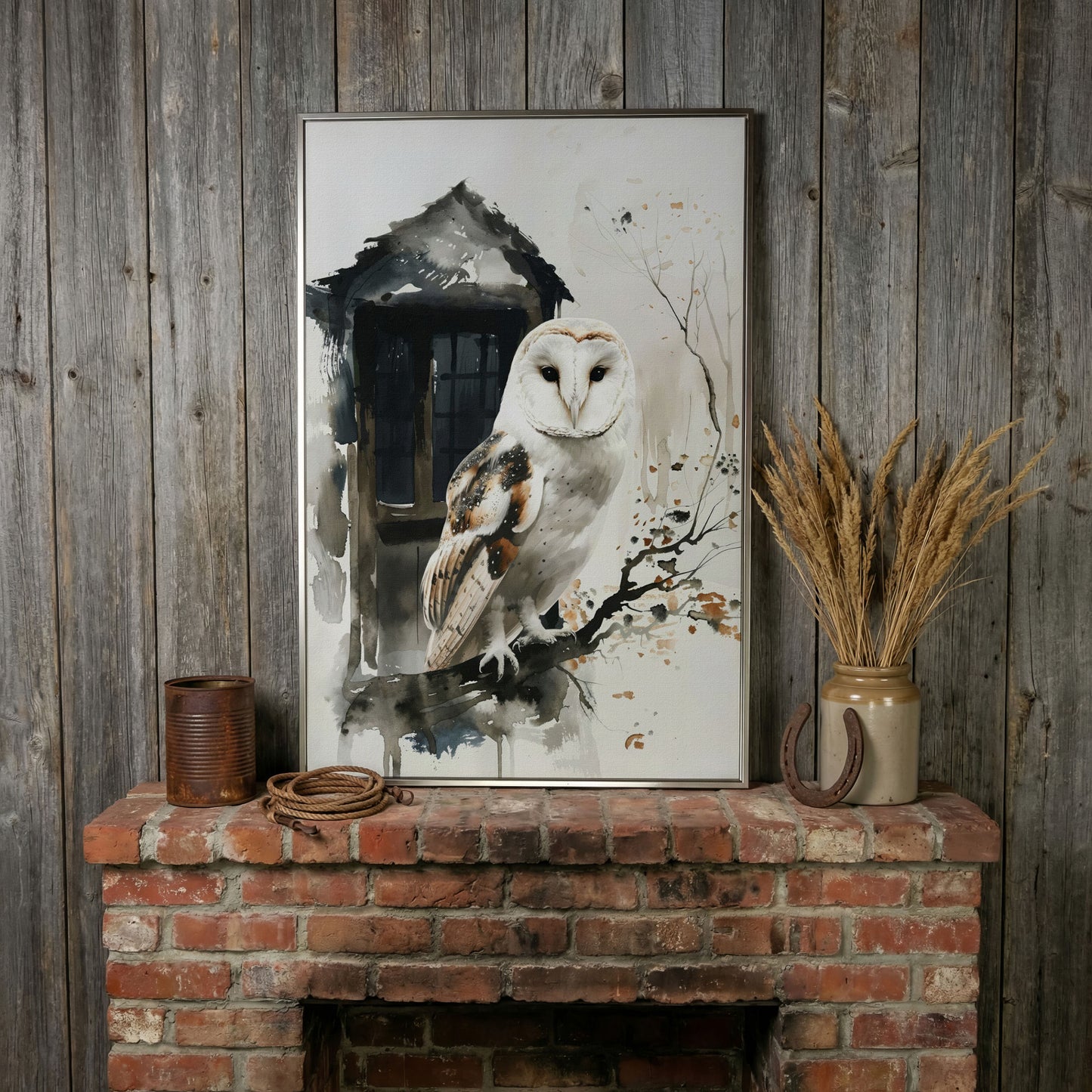 White Owl on Branch Canvas Print in silver floating frame