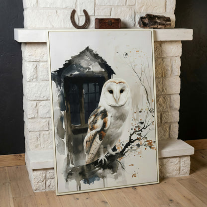 White Owl on Branch Canvas Print in white floating frame
