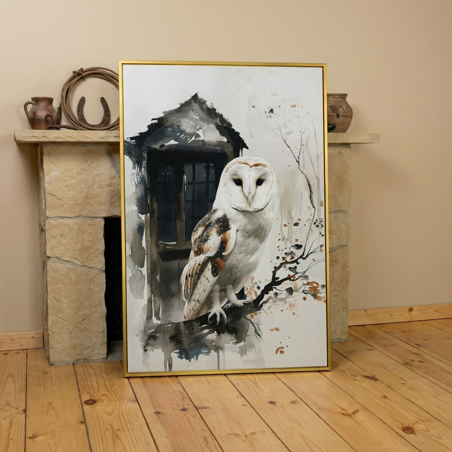 White Owl on Branch Canvas Print in yellow gold floating frame