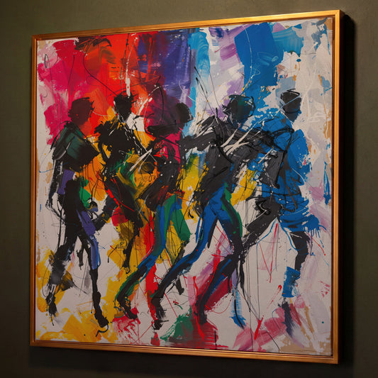 Abstract Dancing People Canvas Art shown in antique gold floating frame