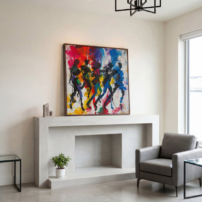 Abstract Dancing People Canvas Art in dark walnut floating frame