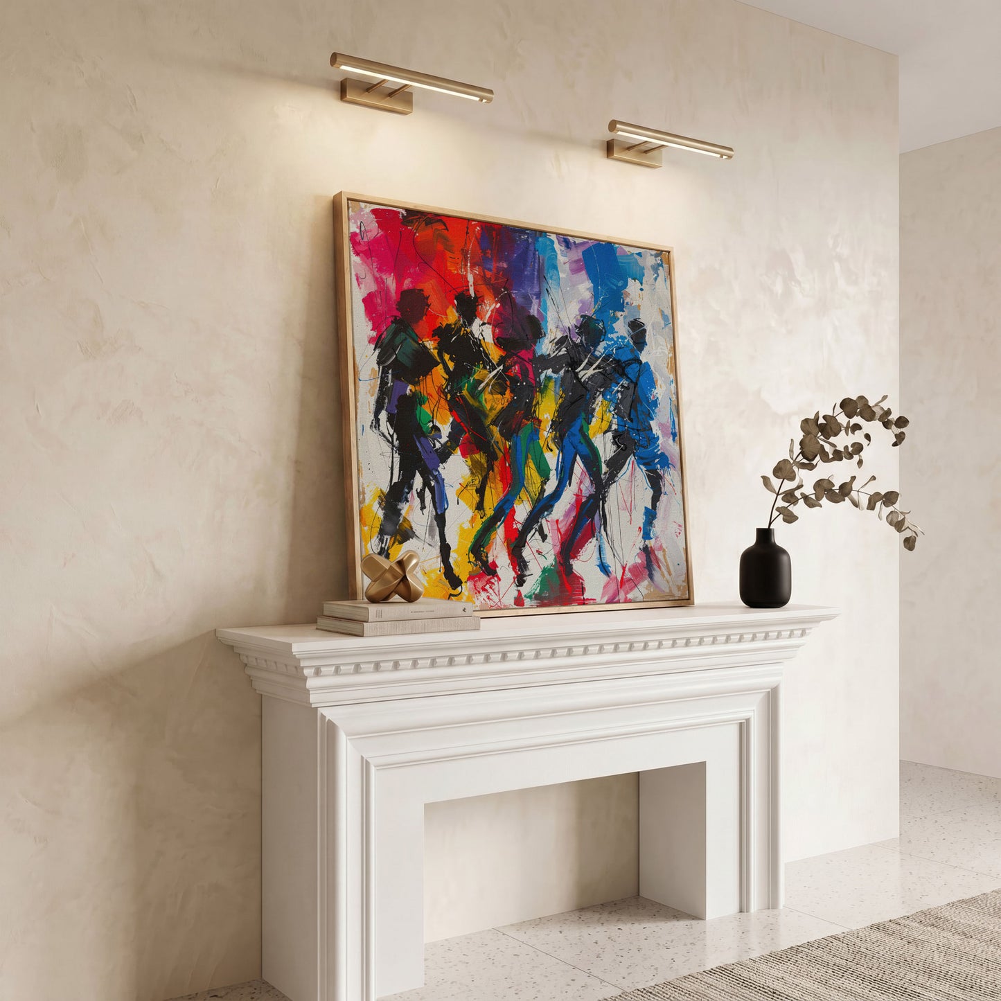 Abstract Dancing People Canvas Art in white oak floating frame