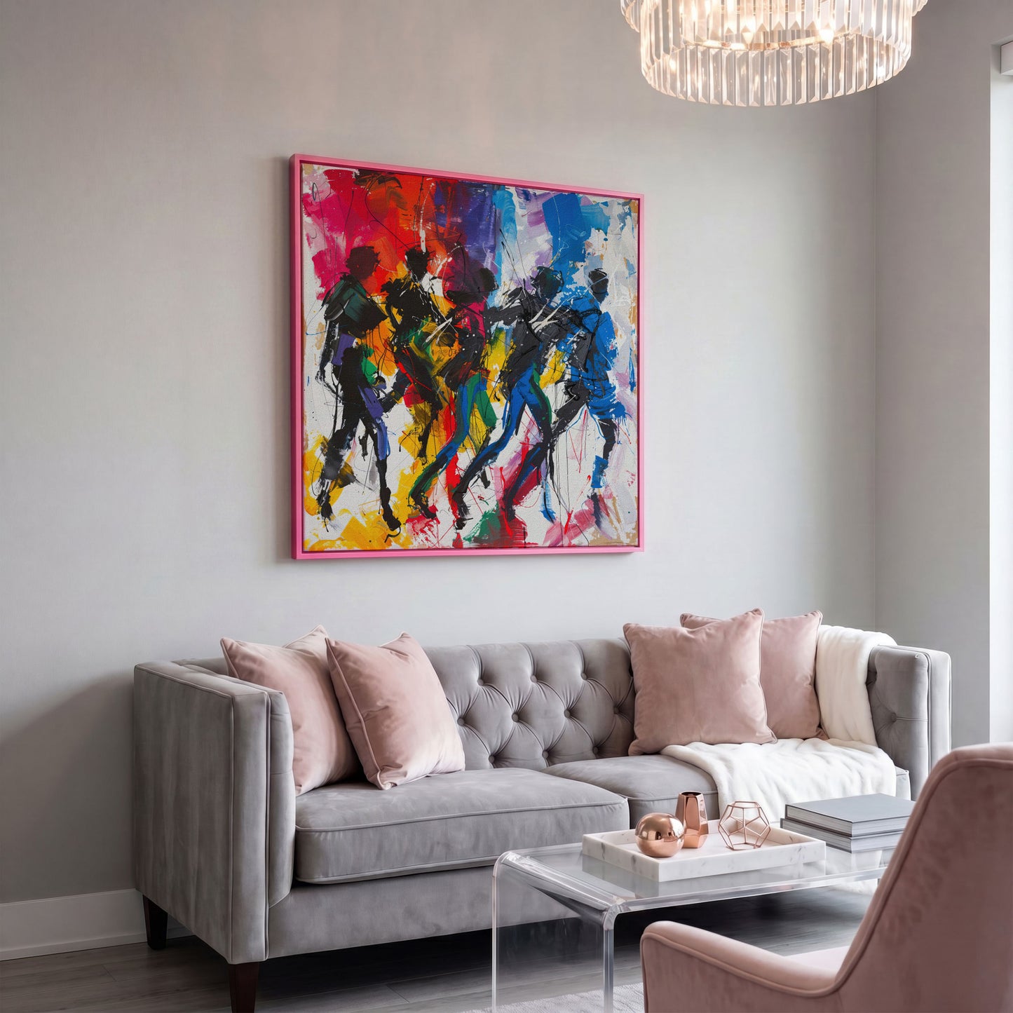 Abstract Dancing People Canvas Art in pink floating frame