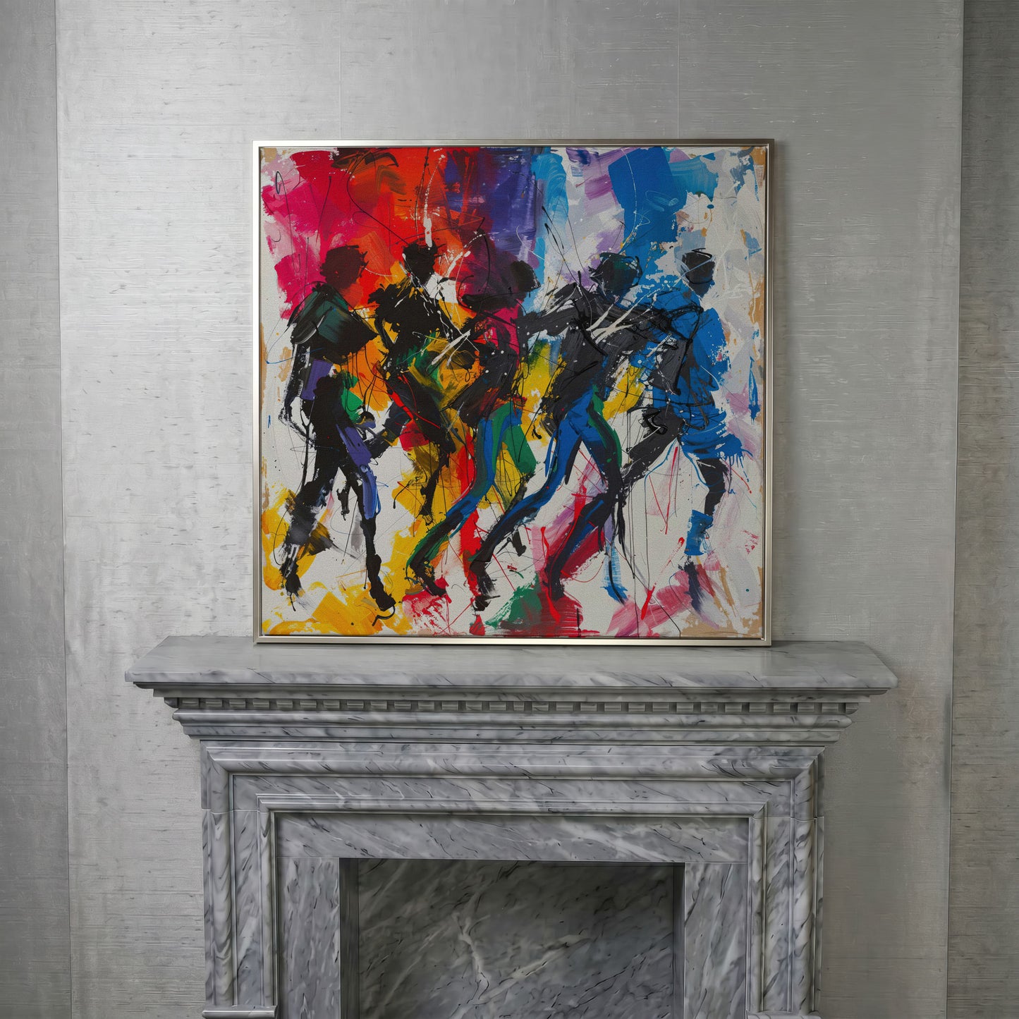 Abstract Dancing People Canvas Art in silver floating frame