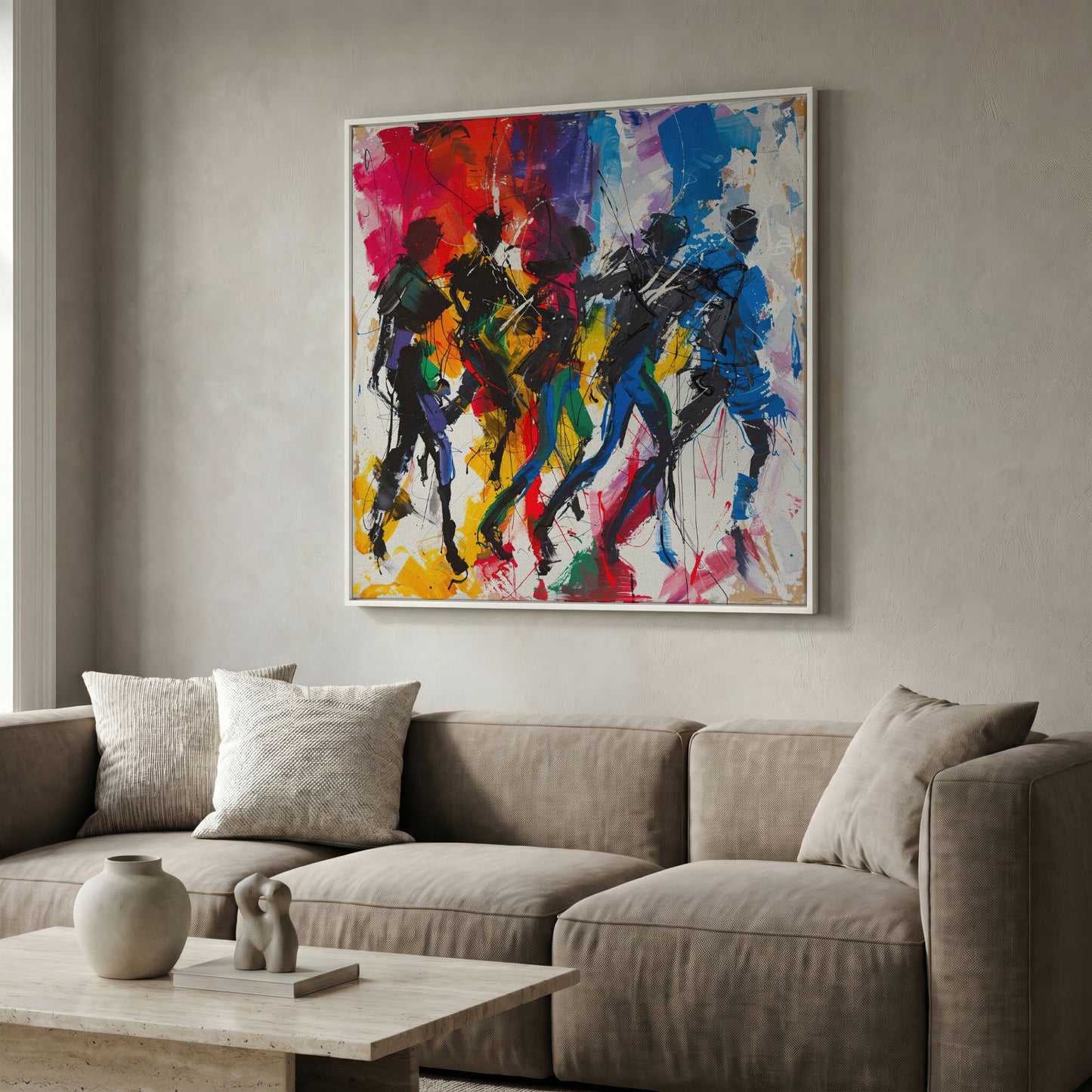 Abstract Dancing People Canvas Art in white floating frame