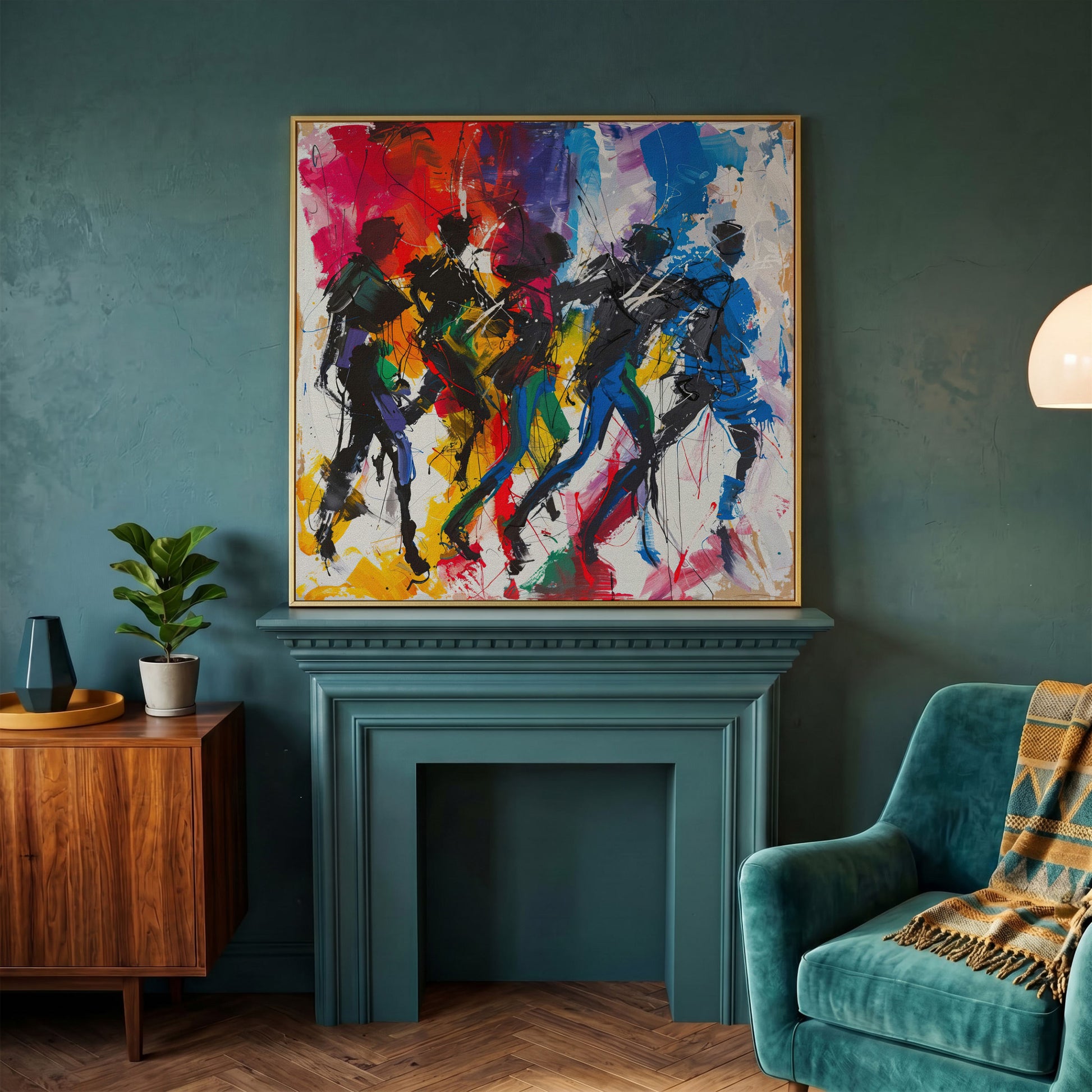Abstract Dancing People Canvas Art in yellow gold floating frame