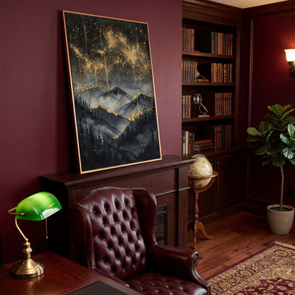 Gold and Black Mountain Abstract Canvas in antique gold floating frame