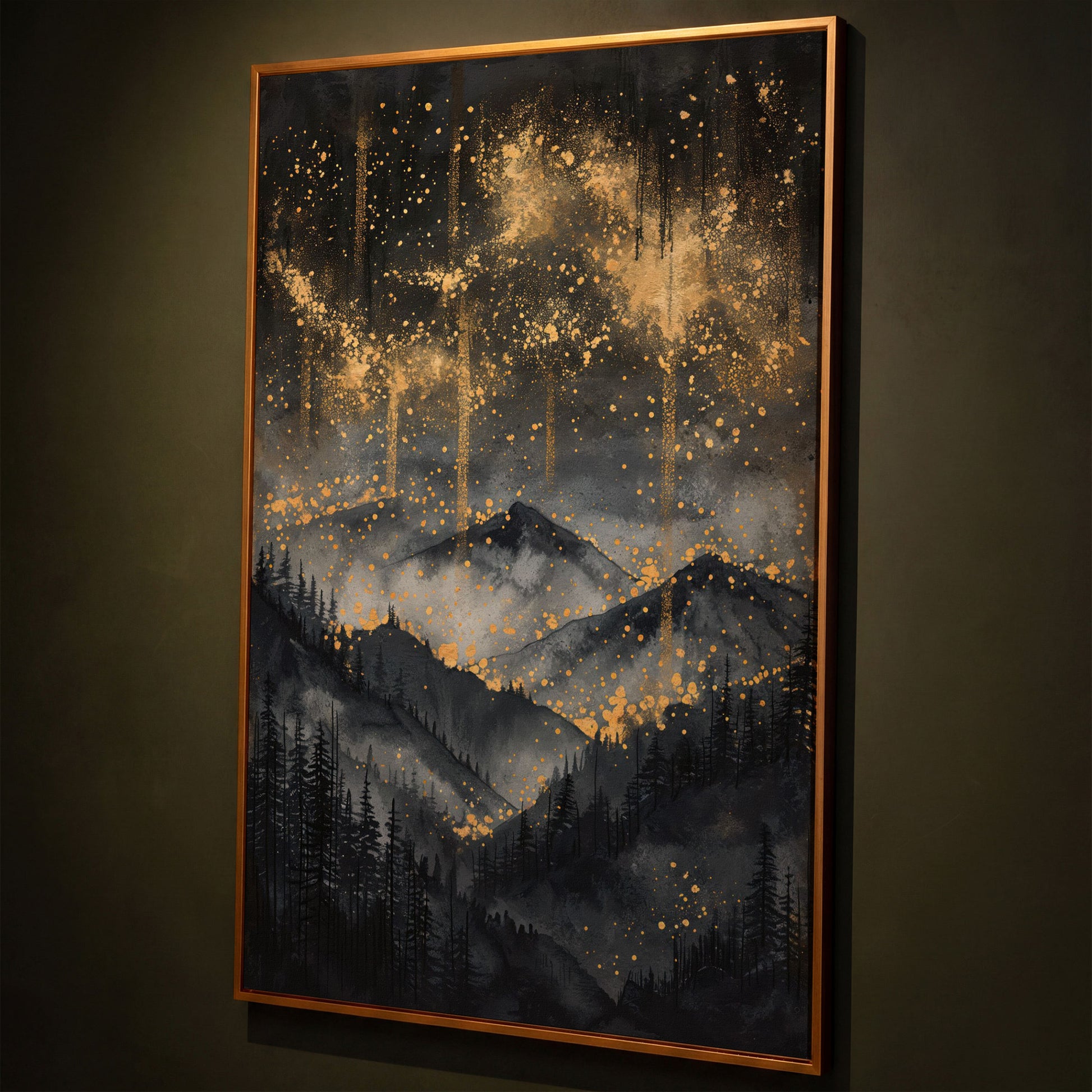 Gold and Black Mountain Abstract Canvas shown in antique gold floating frame