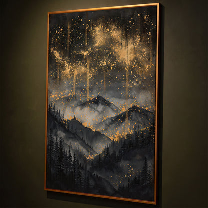 Gold and Black Mountain Abstract Canvas shown in antique gold floating frame