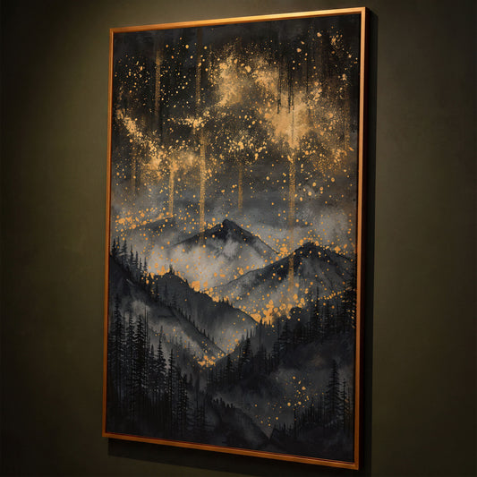 Gold and Black Mountain Abstract Canvas shown in antique gold floating frame
