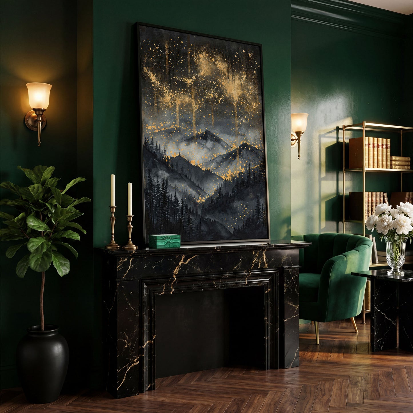 Gold and Black Mountain Abstract Canvas in black floating frame