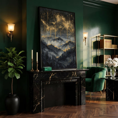 Gold and Black Mountain Abstract Canvas in black floating frame