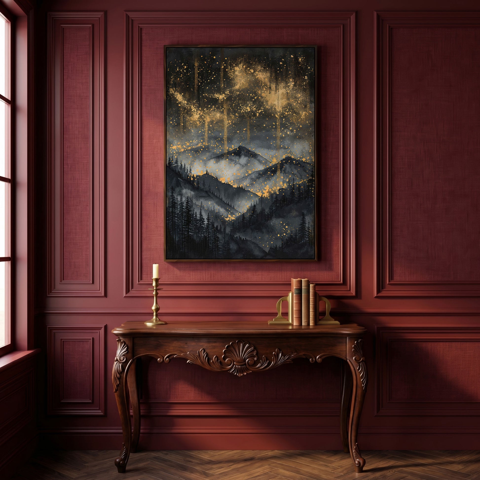 Gold and Black Mountain Abstract Canvas in dark walnut floating frame