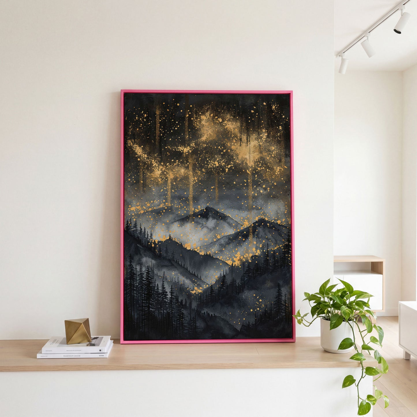 Gold and Black Mountain Abstract Canvas in pink floating frame
